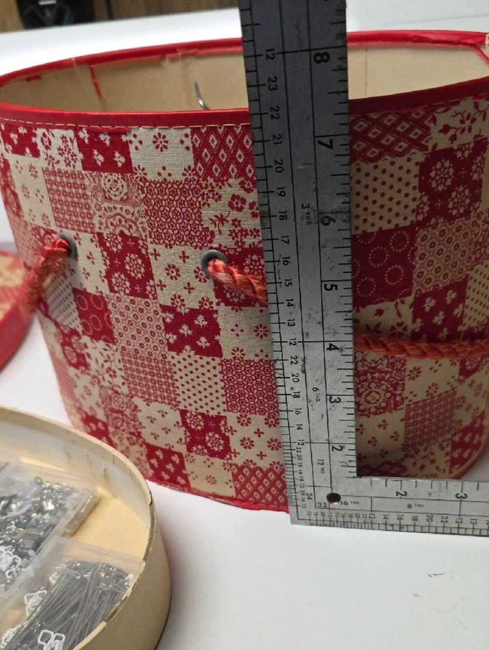 VINTAGE 50'S Large Sewing Container, Box, Storage Red Patchwork with Rope Handle